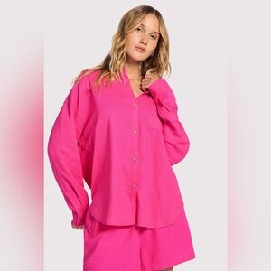 Nuuds Linen Boyfriend Shirt L Pink Fuchsia Oversized Relaxed Beach Pool Vacay